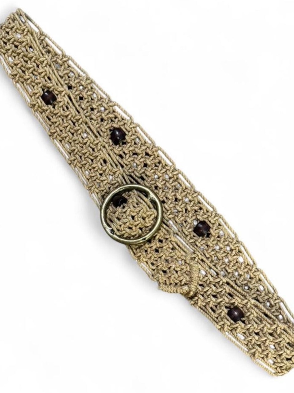 Vintage handwoven rope tie belt with real wood bead details